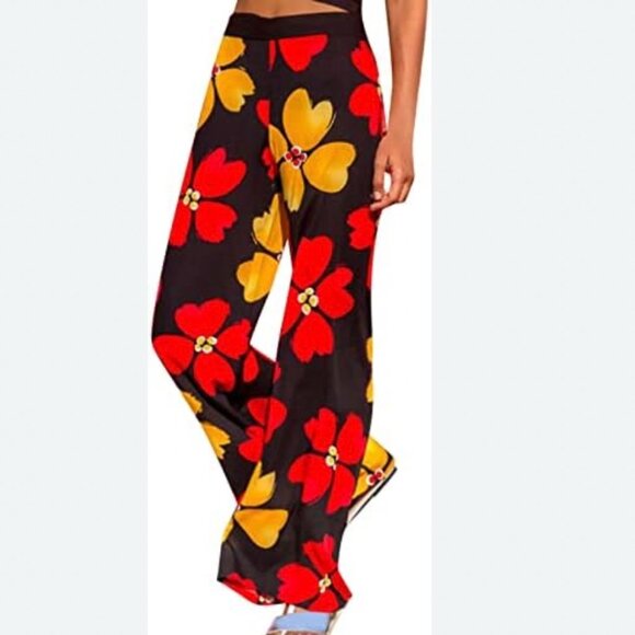 NWT Pantalon Black Bold Floral Print Wide Leg Pants Size Women's XL - Picture 1 of 9